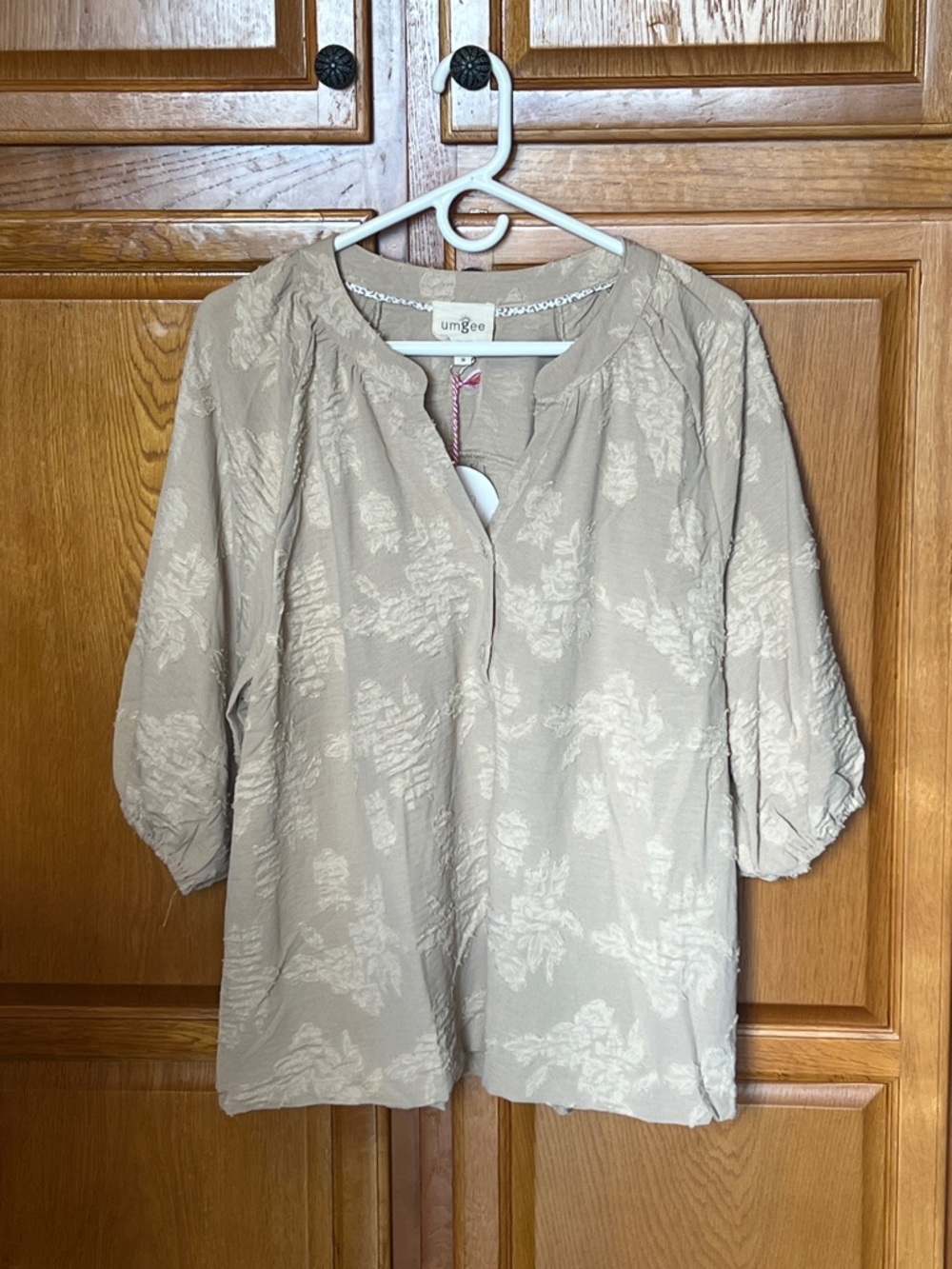 Umgee Neutral Taupe Textured Floral Peasant Top
